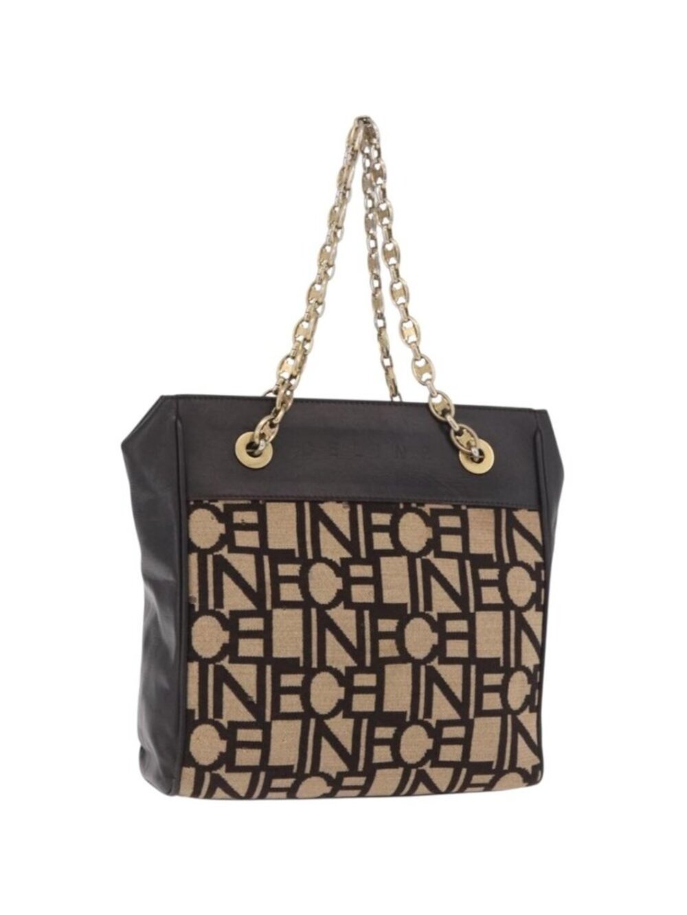 CELINE Chain Shoulder Bag Knitted Fabrics Beige Gold